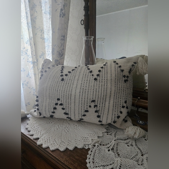 Cream Textured Tassel Pillow 12x20 – Black Woven Accents – Boho Farmhouse - Picture 2 of 6